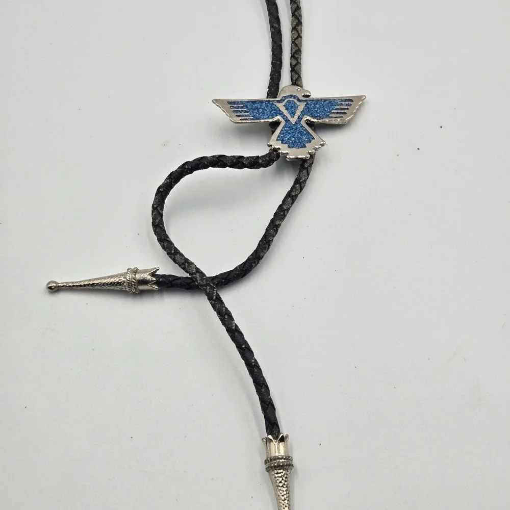 vintage Bolo‎ Western Tie Eagle W/ Crushed Turquoise Inlay Leather Braid Cord